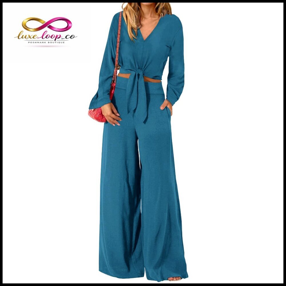Women's 2 Piece Lounge Set V Neck Crop‎ Top Wide Leg Pants Polyester